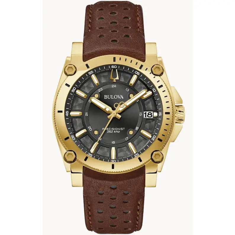 Icon Black Dial Gold Tone Case Brown Leather Men’s Watch 97B216 by Bulova