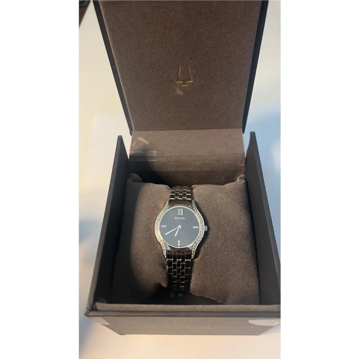 Silver-tone Stainless Steel Watch Black Dial Crystal Accent by Bulova