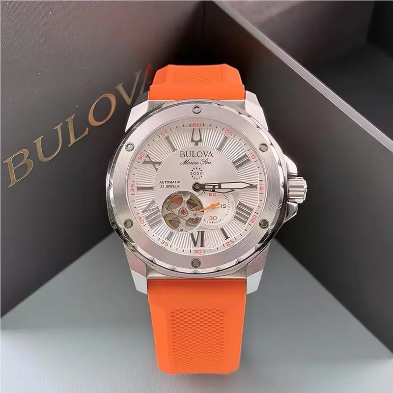 Marine Star 98A226 Automatic Men`s Watch White Dial Orange Silicone Strap by Bulova