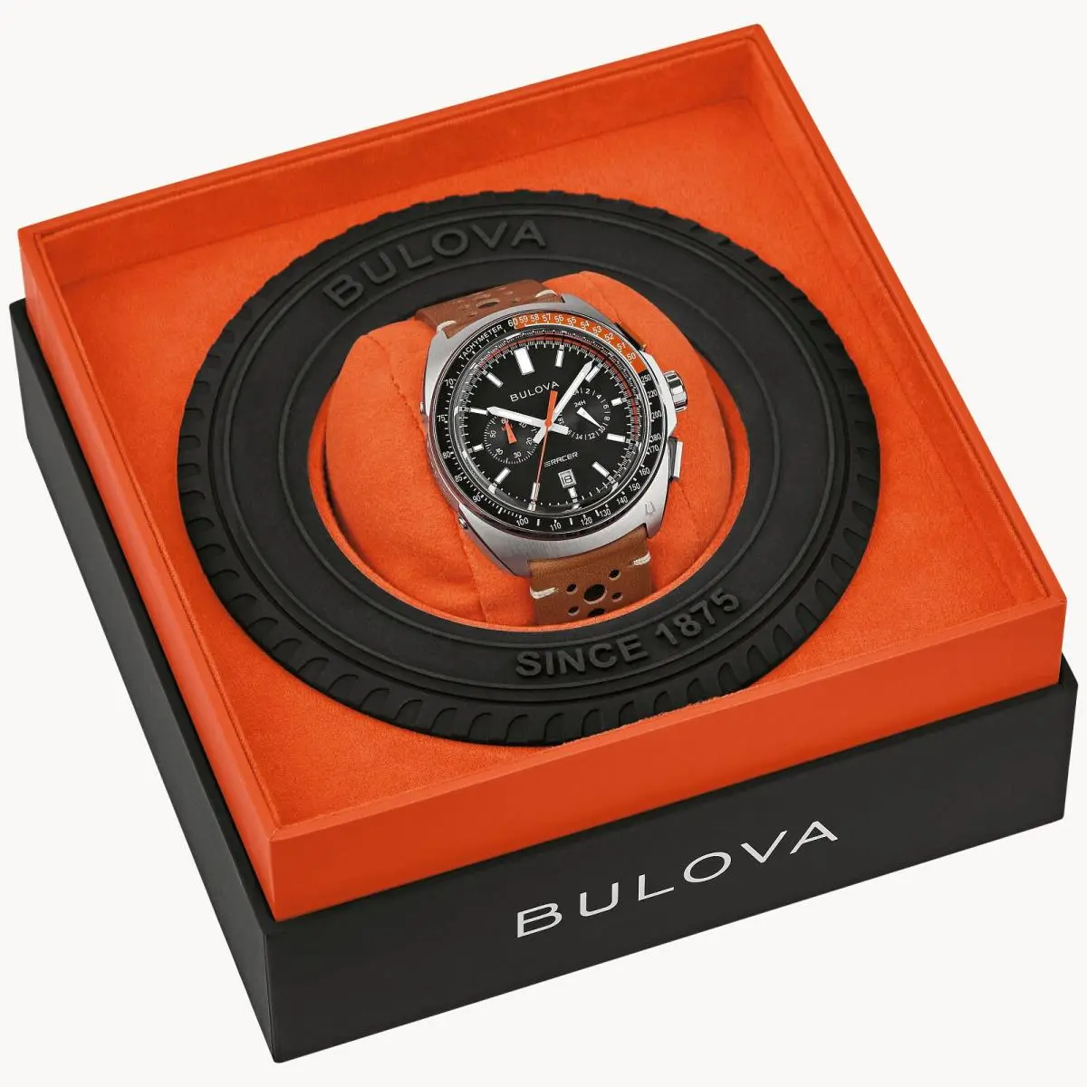 Watch Black Dial Leather Strap Racer Chronograph 98B427 by Bulova
