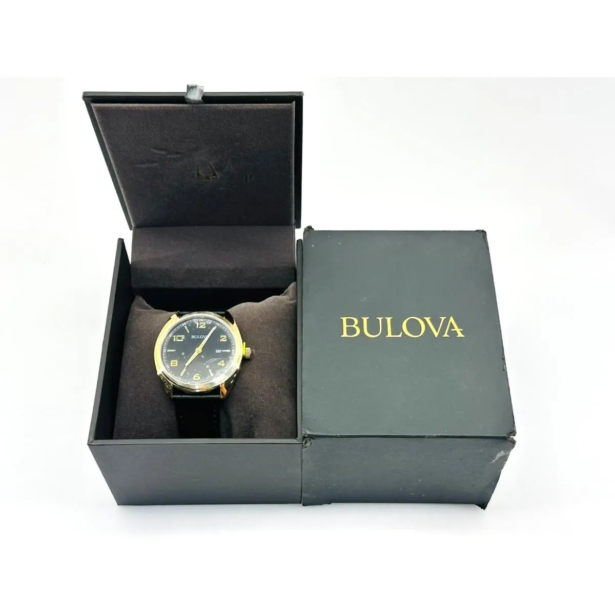 Classic Men`s Gold-tone Watch Black Dial Leather Strap 42mm 97B211 by Bulova
