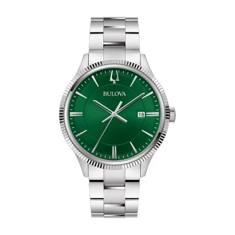 Bulova Classic Quartz 42mm Green Dial Coin Edge Stainless Steel Watch - Dial: Green, Band: Silver