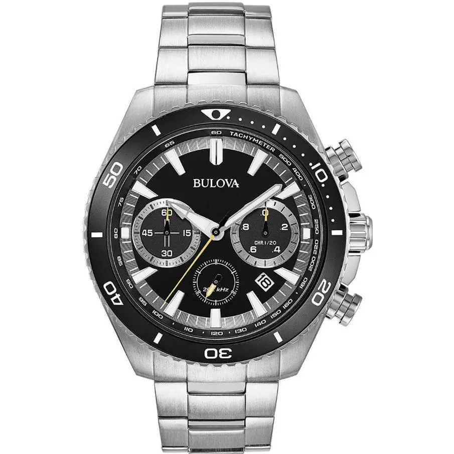 Chronograph Black Dial Date Stainless Steel Men’s Watch 98B298 by Bulova
