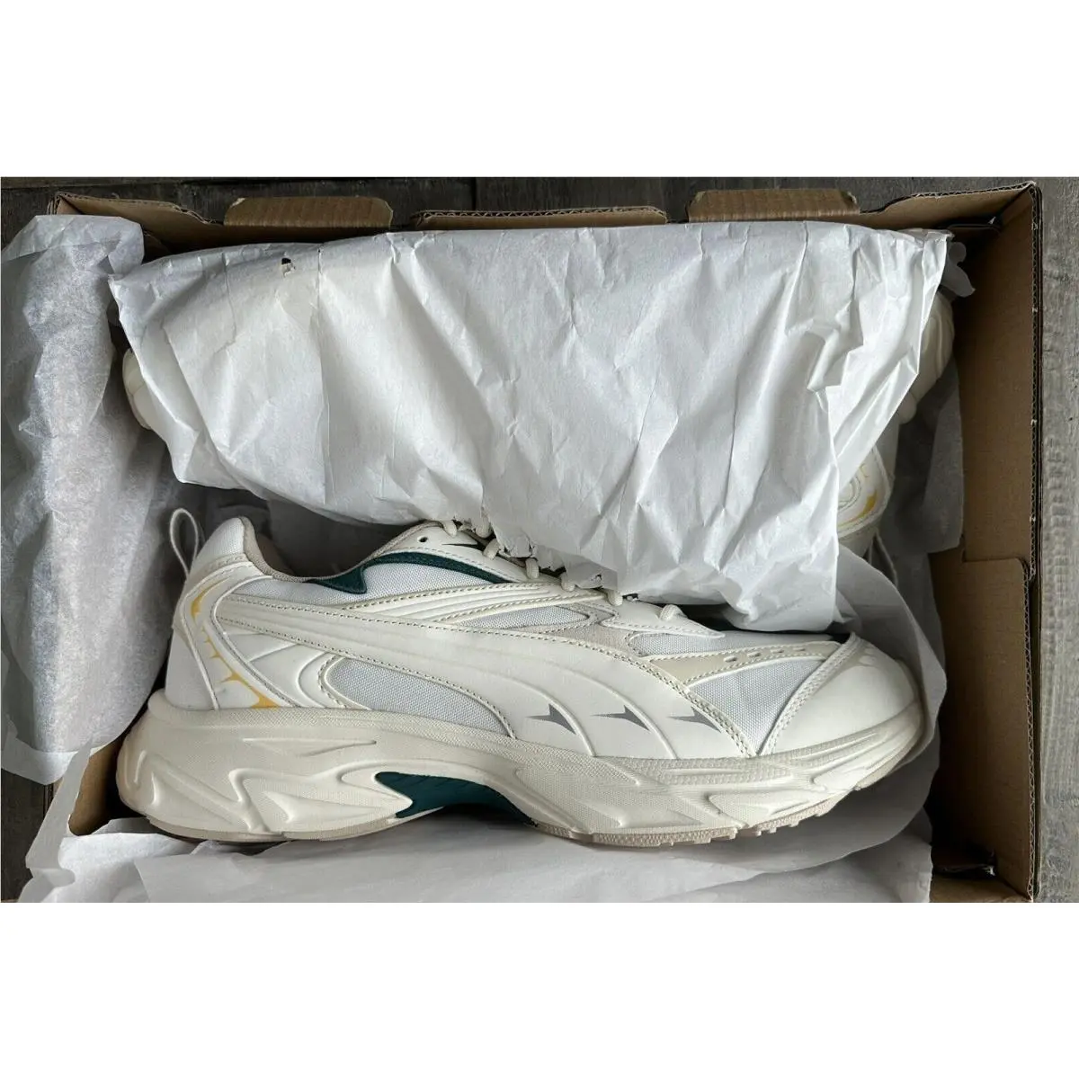 Size 12  Men`s Morphic Varsity Sneakers Warm White Malachite 393647-01 by Puma