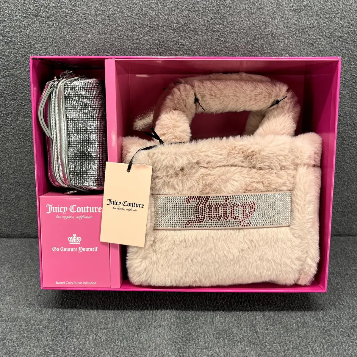 Juicy Couture Mini Tote Bag Fur Light Pink Silver Coin Purse Gift Set