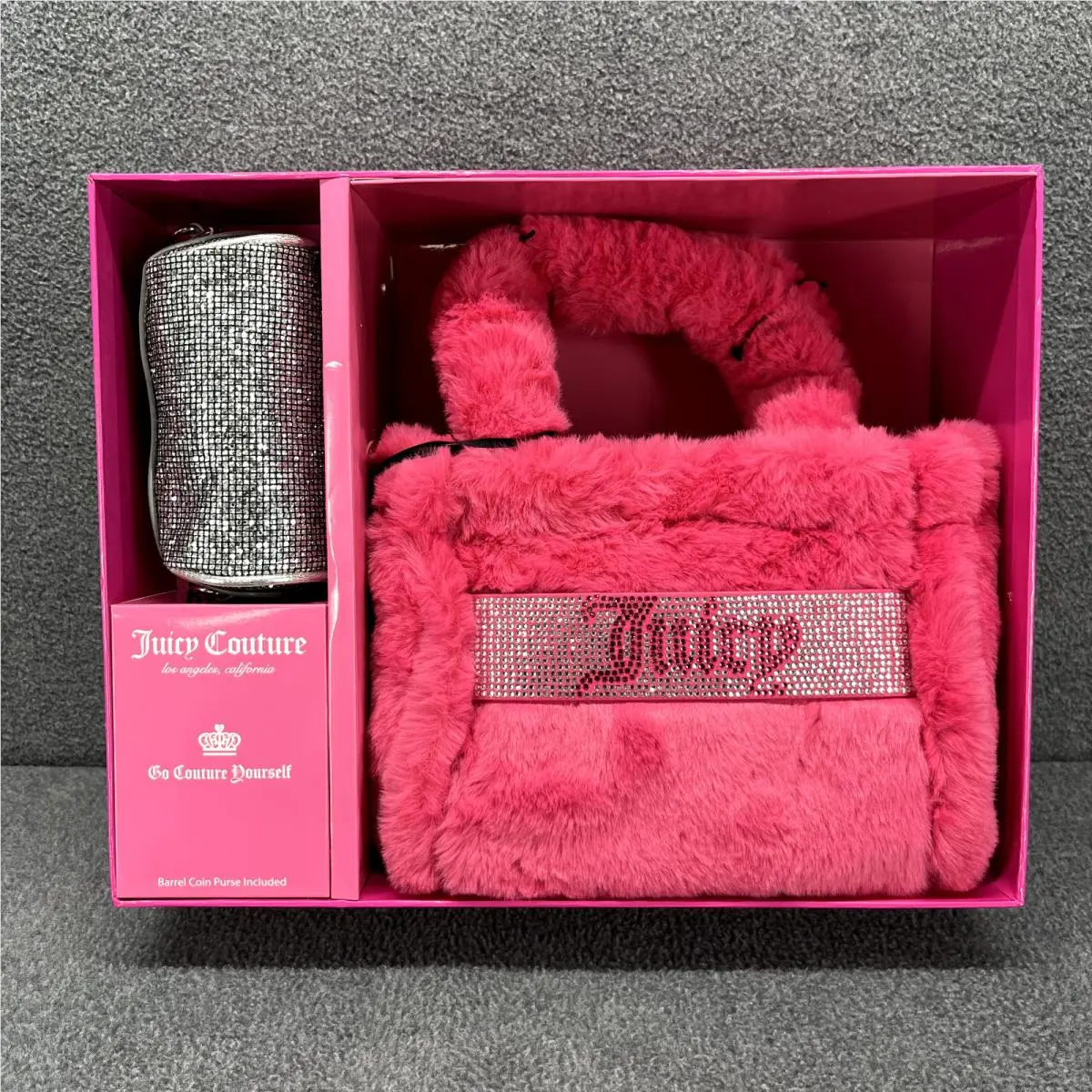Juicy Couture Mini Tote Bag Fur Pink Silver Coin Purse Gift Set