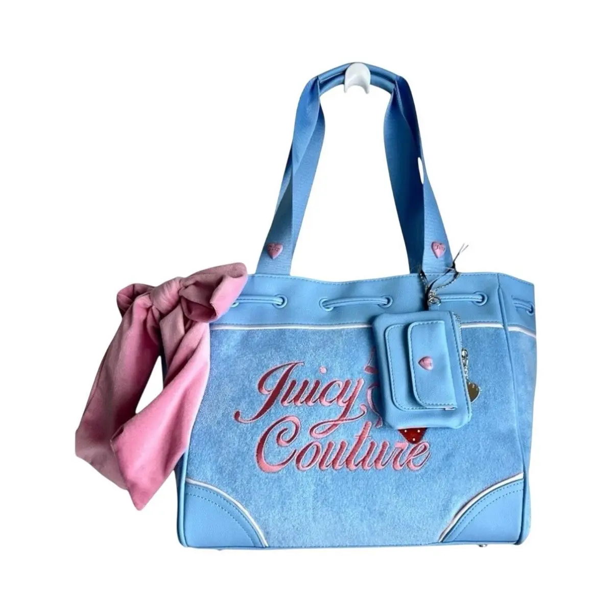 Juicy Couture Retro Strawberry Tote Blue Gleam Velour Bag Charm Coin Pouch
