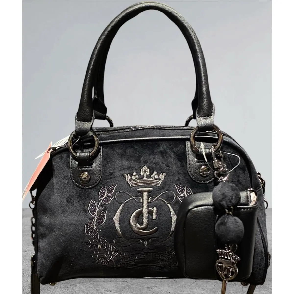 Juicy Couture Black Sparkle Royal Crossbody Bowler Satchel Charms Coin Purse