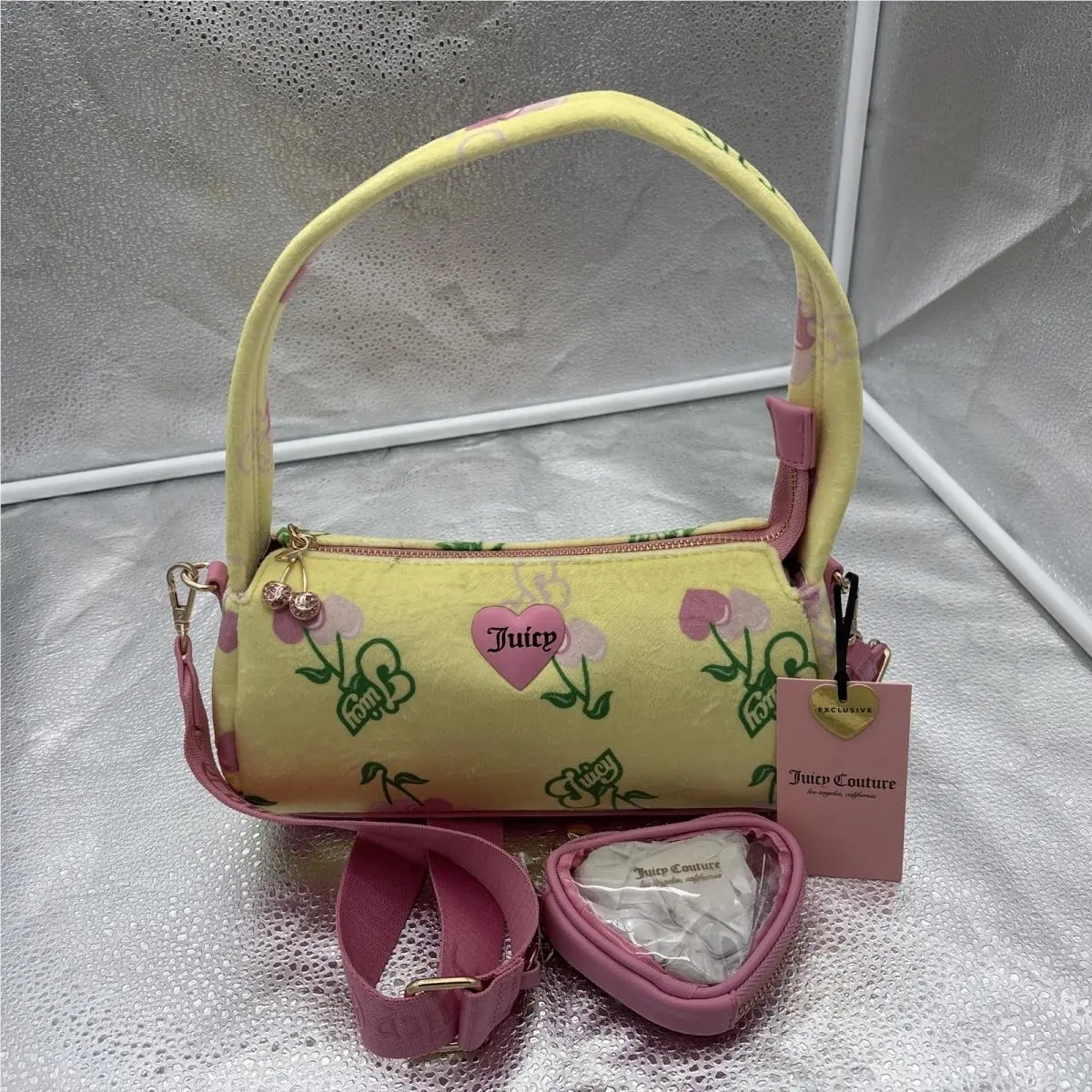 Juicy Couture Yellow Pink Logo Shoulder Bag with Heart Cherry Charm Coin Purse