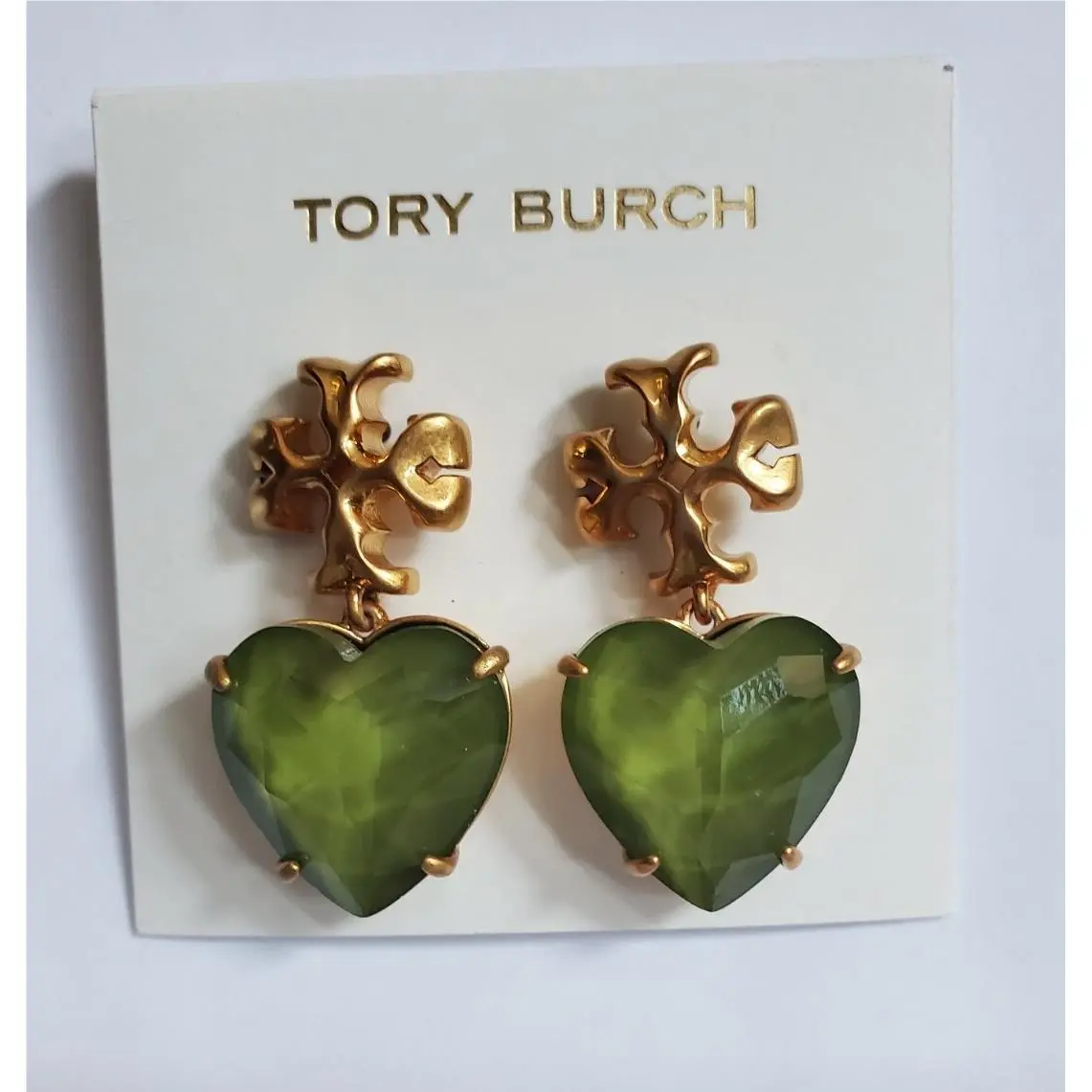 Roxanne Big 1.4 Heart Earrings Rolled Brass Olive Green by Tory Burch