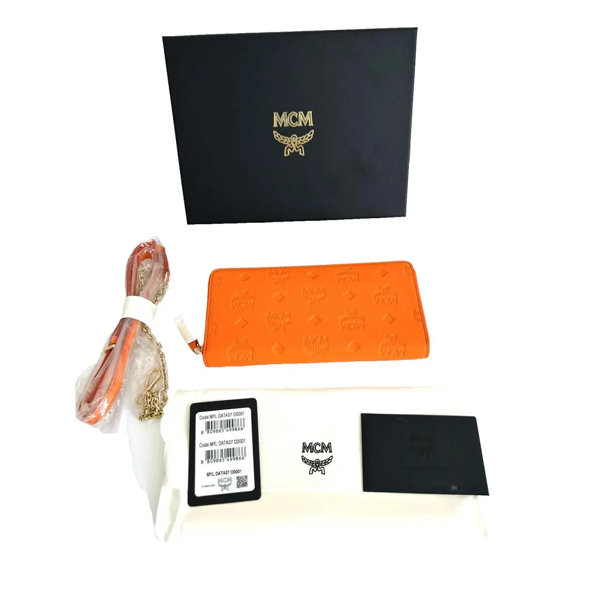 Mcm Wallet on a Chain Orange Logo Embossed Leather Zip Around