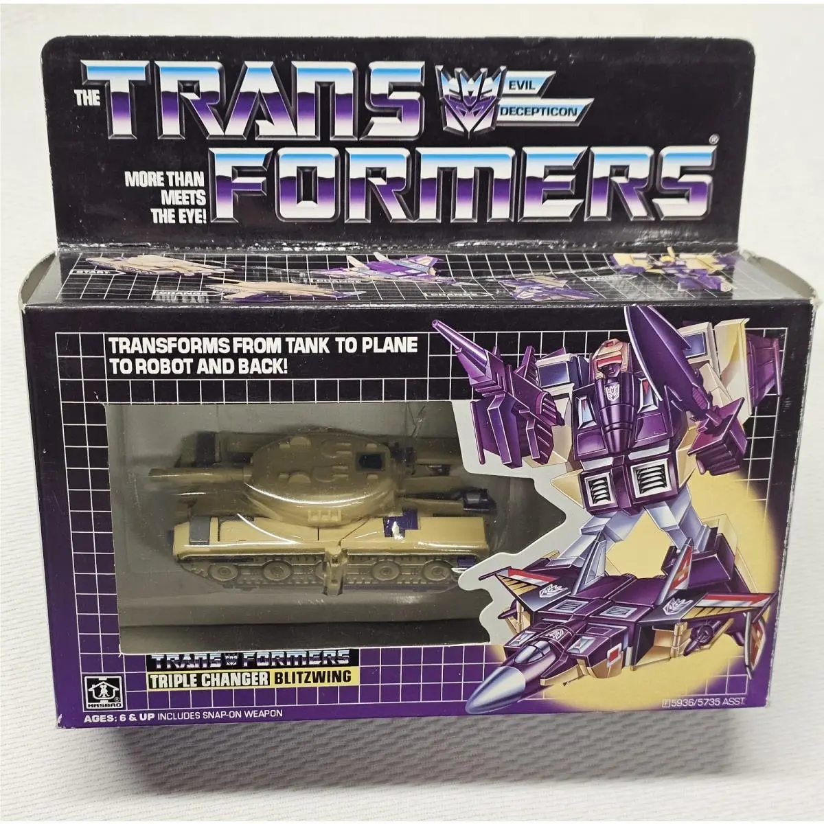 1985 Blitzwing Transformer Hasbro Triple Changer 90`s Repro W/rub Sticker