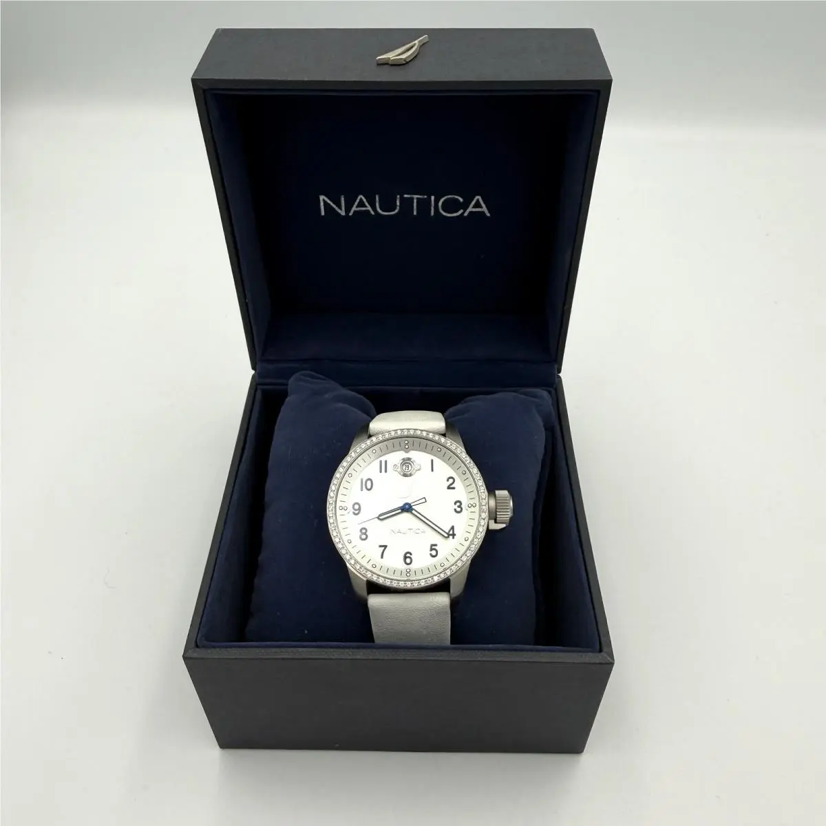 Silver Tone White Leather Crystal Bezel Watch A20001L Needs Battery by Nautica