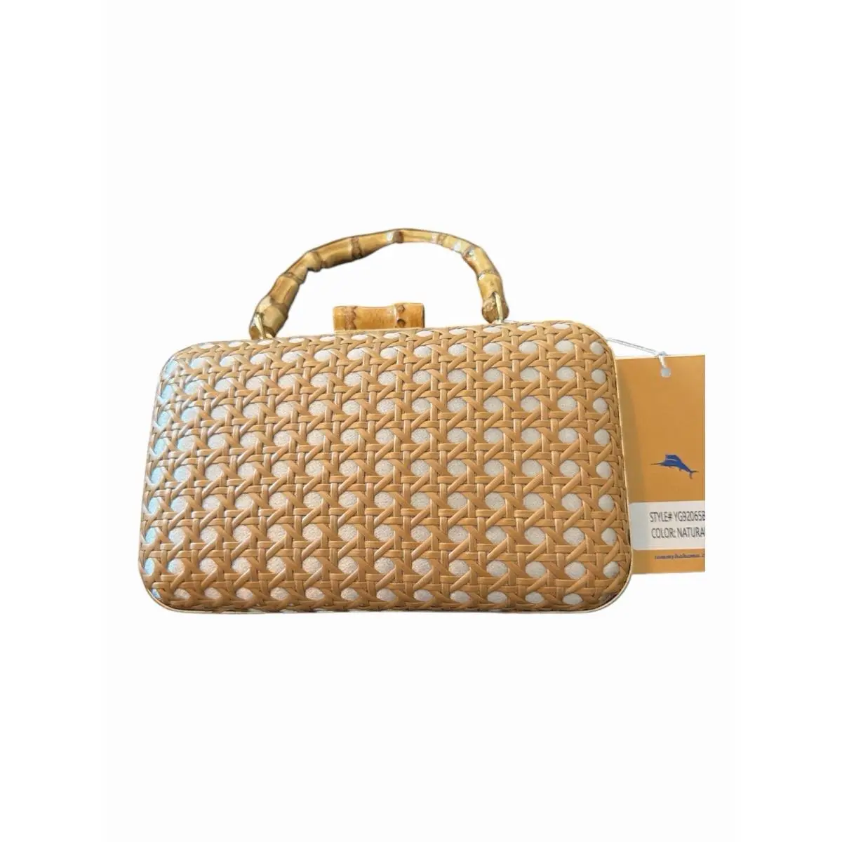 Tommy Bahama Beige Wicker Woven Gold Chain Crossbody Bamboo Handle Handbag Purse