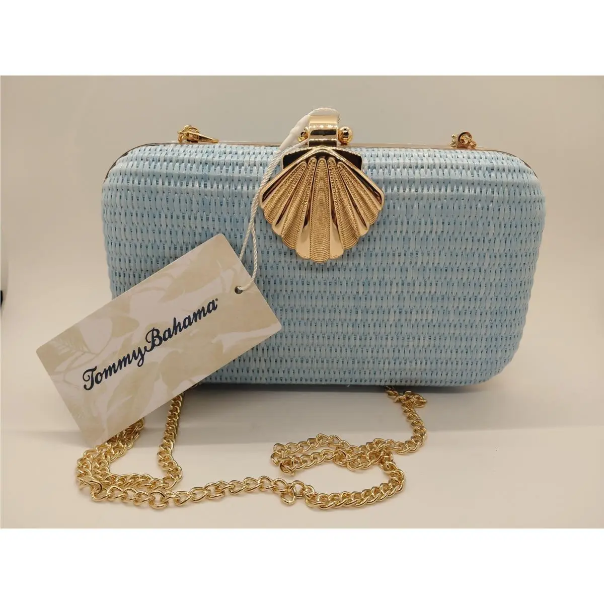 Tommy Bahama Light Blue Woven Straw Shell Clasp Clutch Crossbody Bag AZ10426