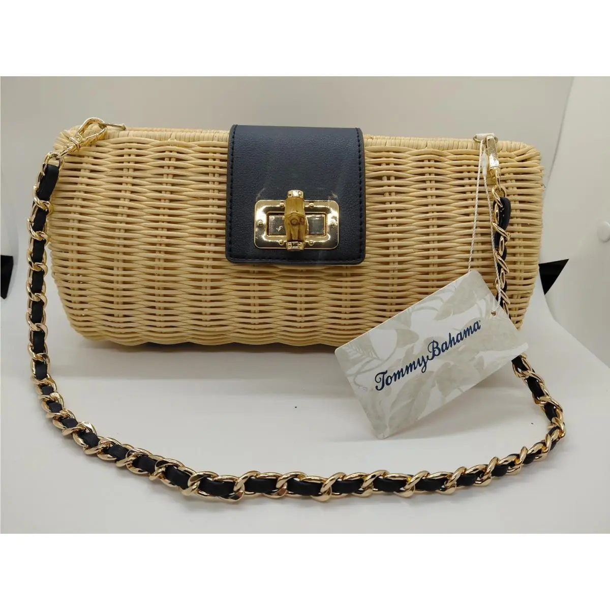 Wicker Clutch Navy Blue Straw Woven Chain Strap Gold Hardware by Tommy Bahama