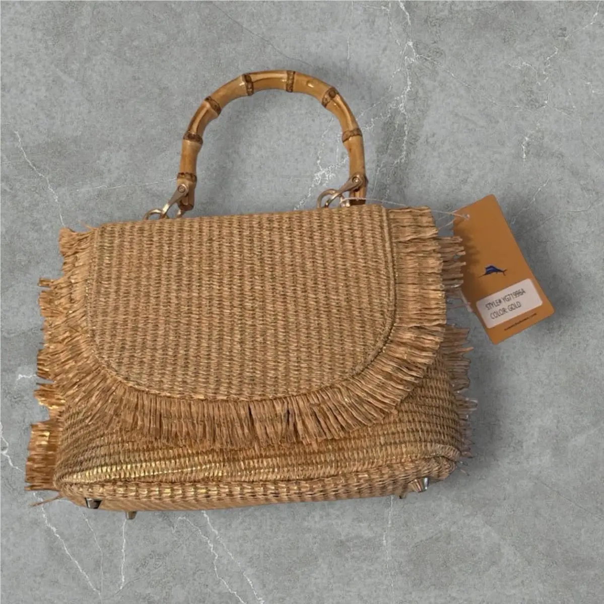 Tommy Bahama Woven Raffia Straw Fringe Bamboo Handle Crossbody Bag Gold