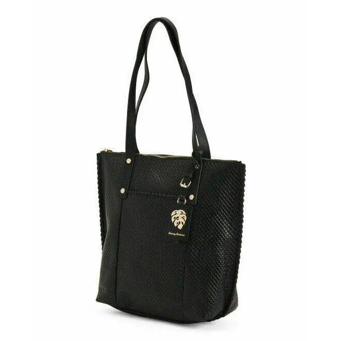 Black Leather Top Zip Tote Bag by Tommy Bahama