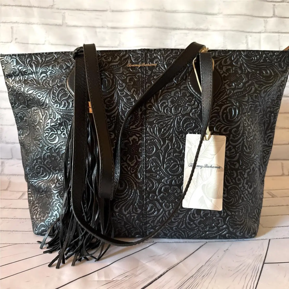 Black/ Blue Leather Barbados Tote Bag Zip Top TB 1353 by Tommy Bahama