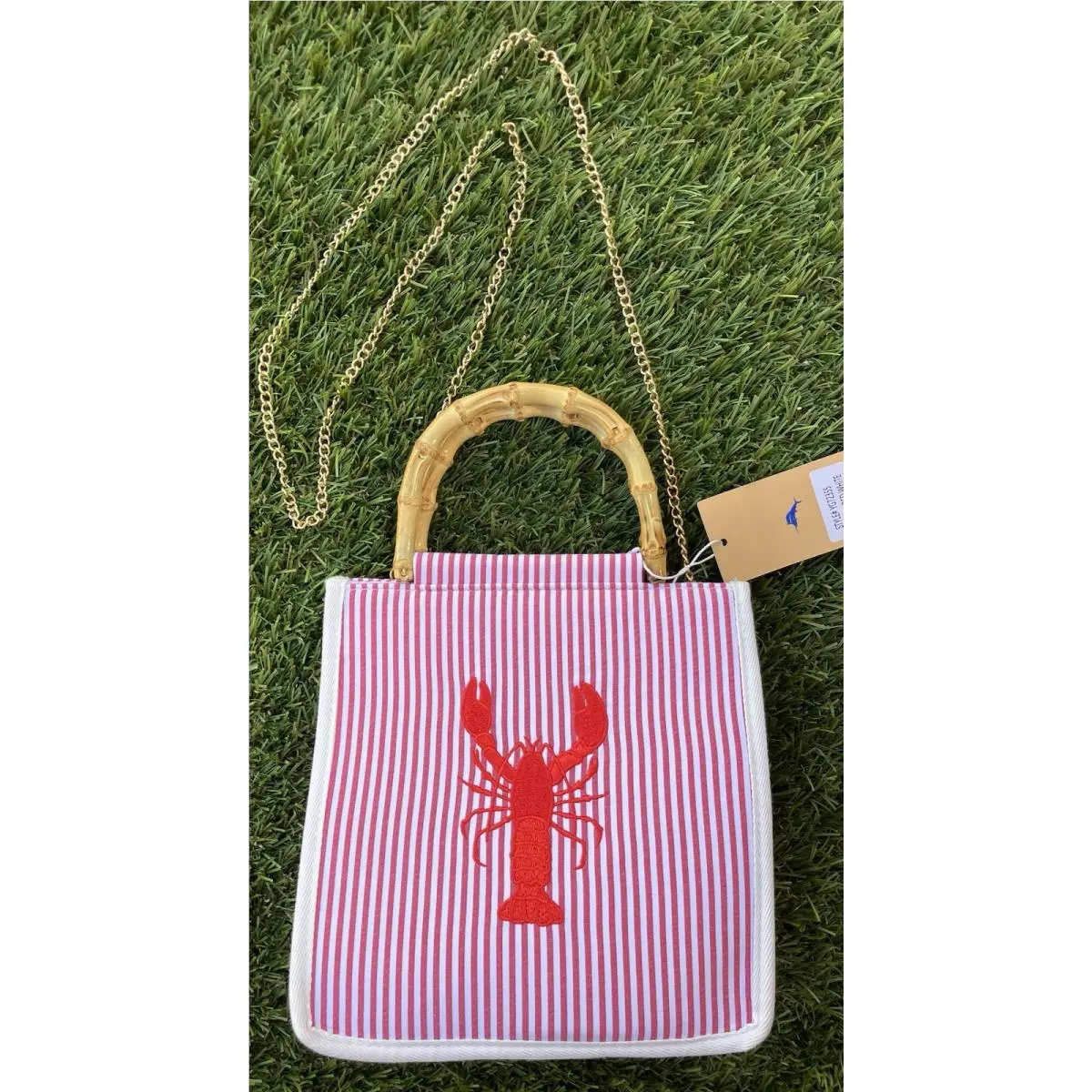 Tommy Bahama Lobster Tote Hand Bag Bamboo Handl Red White Stripe Crossbody Purse