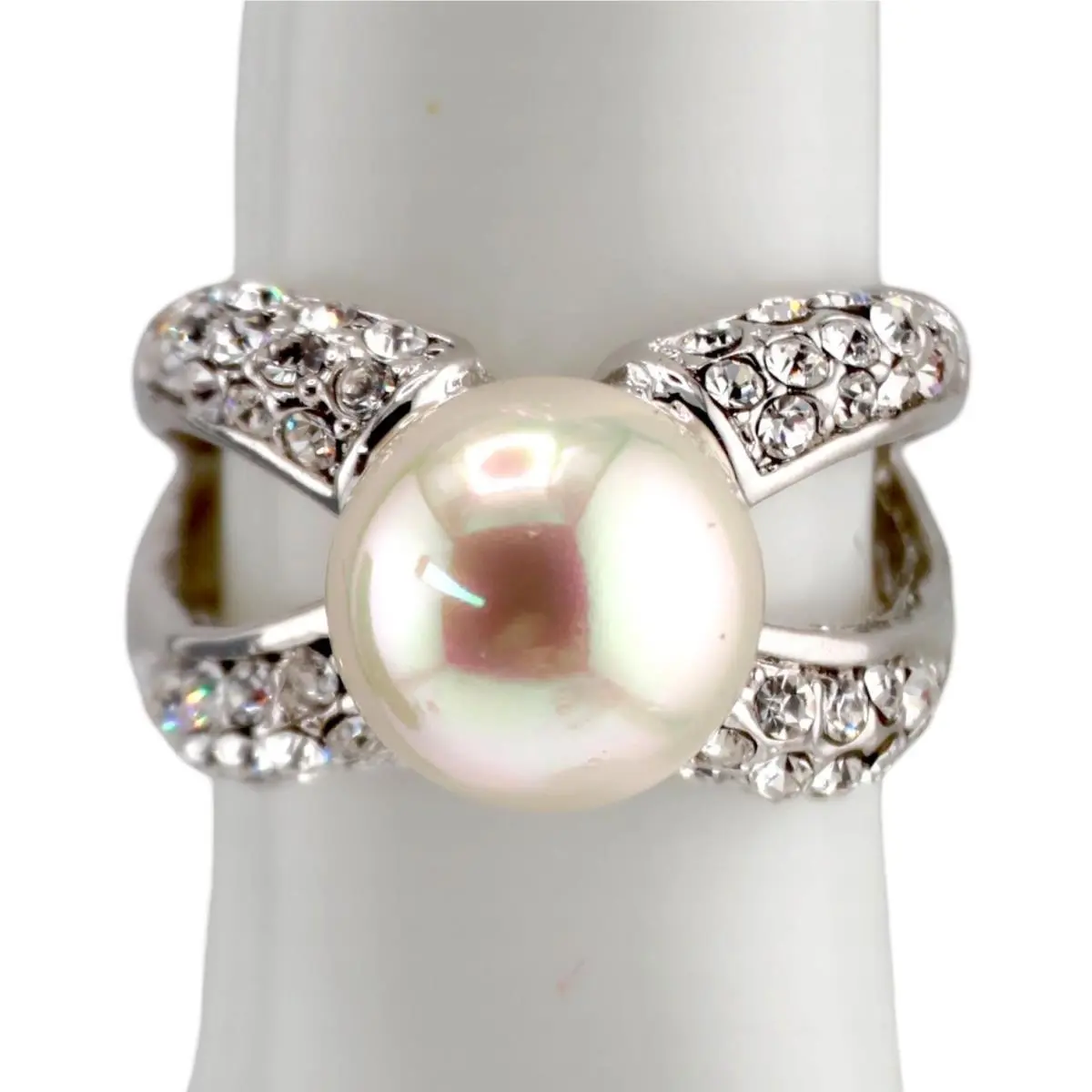Elements Pearl Crystal Pavé Crossover Cocktail Ring Silver Tone Sz 7 by Swarovski