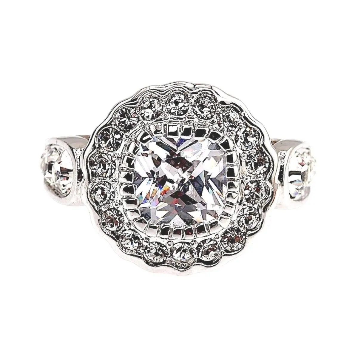 Elements Filigree Scalloped Halo Crystal Ring Silver Tone Size 7 by Swarovski