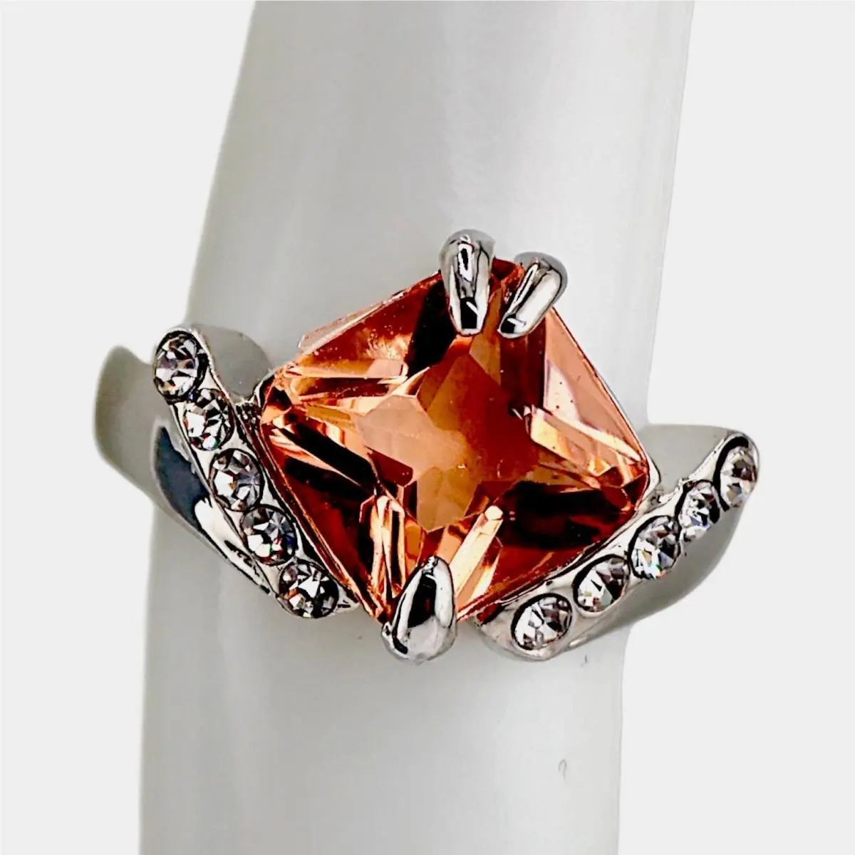 Elements Peach Crystal Princess Cut Cocktail Ring Silver Tone Size 6 by Swarovski