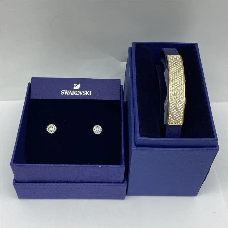 Swarovski Blue Leather Double Wrap Bracelet Blue Crystal Halo Stud Earring Set