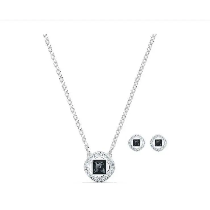 Angelic Square Crystal Set Rhodium Plated Dark Grey Necklace +earrings by Swarovski