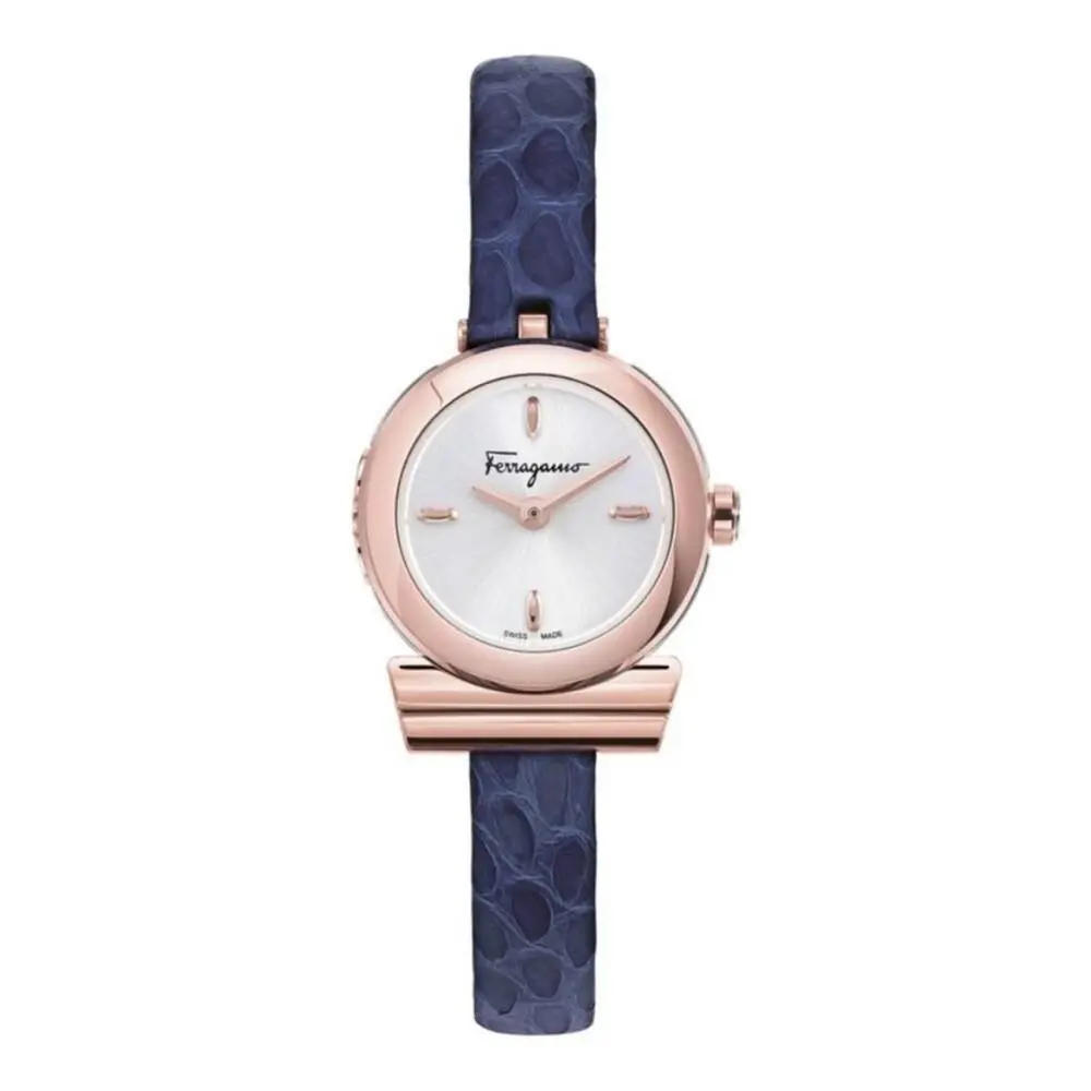 Gancino Rose Gold and Blue Leather Women`s 23mm Watch by Salvatore Ferragamo