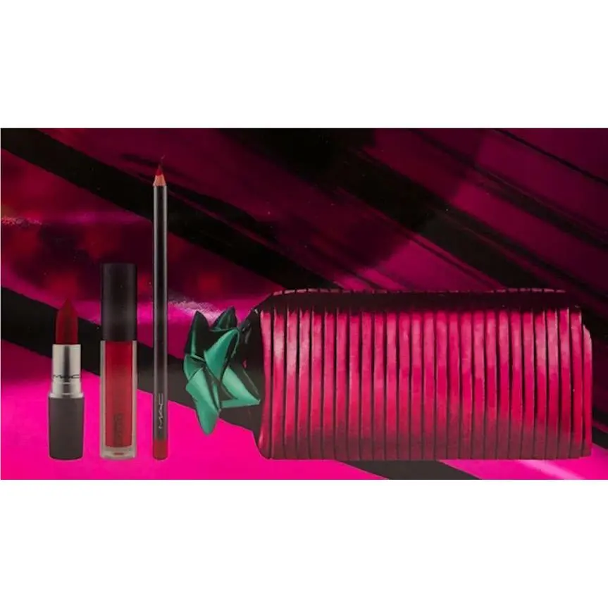 Mac Shiny Pretty Things Goody Bag 4pc Set Blazing Yule Pom Date Cherry Bag