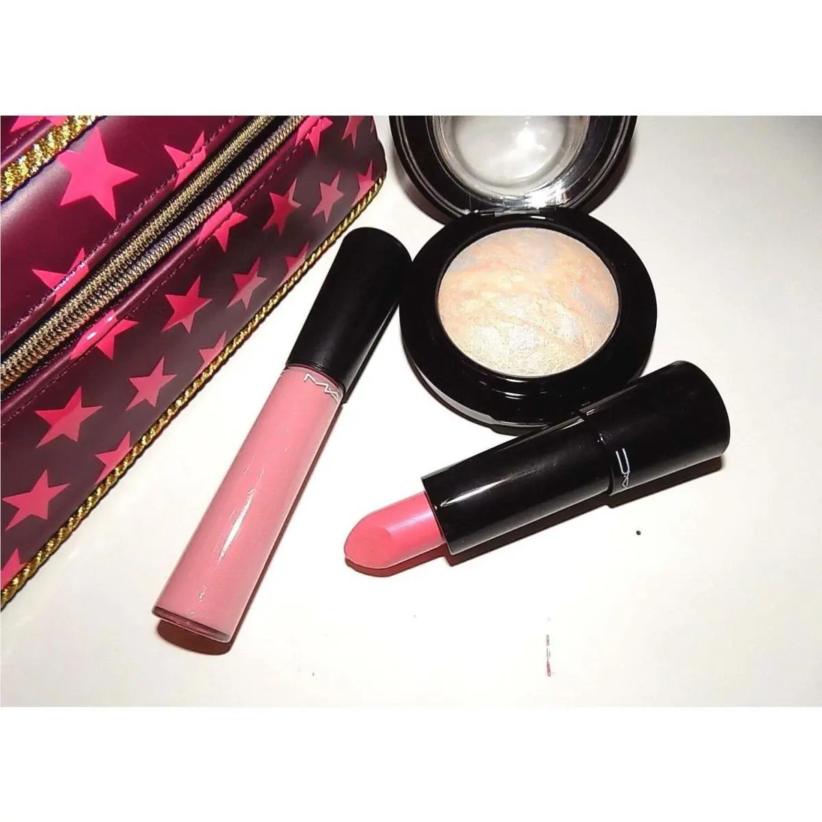Mac Nutcracker Sweet Pink Mineralize 4pc Set Lipstick Gloss Skinfinish Bag