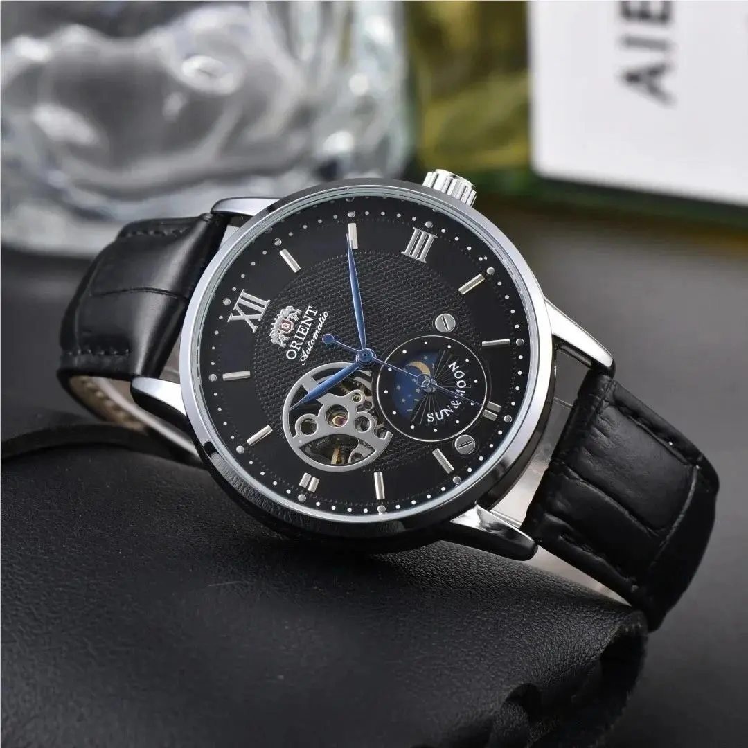Orient Sun Moon Semi Skeleton Automatic Watch Men`s Leather Strap Luxury Gift