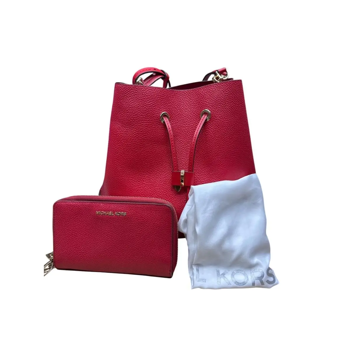 Red Pebbled Leather Bucket Bag Purse Wallet Set Dust Bag Gift by Michael Kors
