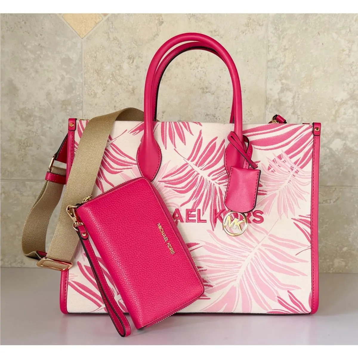 Michael Kors Mirella MD Tote Satchel Shoulder Bag + Wallet Electric Pink Palm