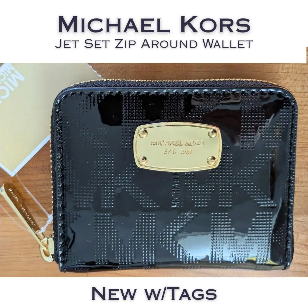 Michael Kors Jet Set Bifold Wallet Black Patent Monogram Logo Zip Around