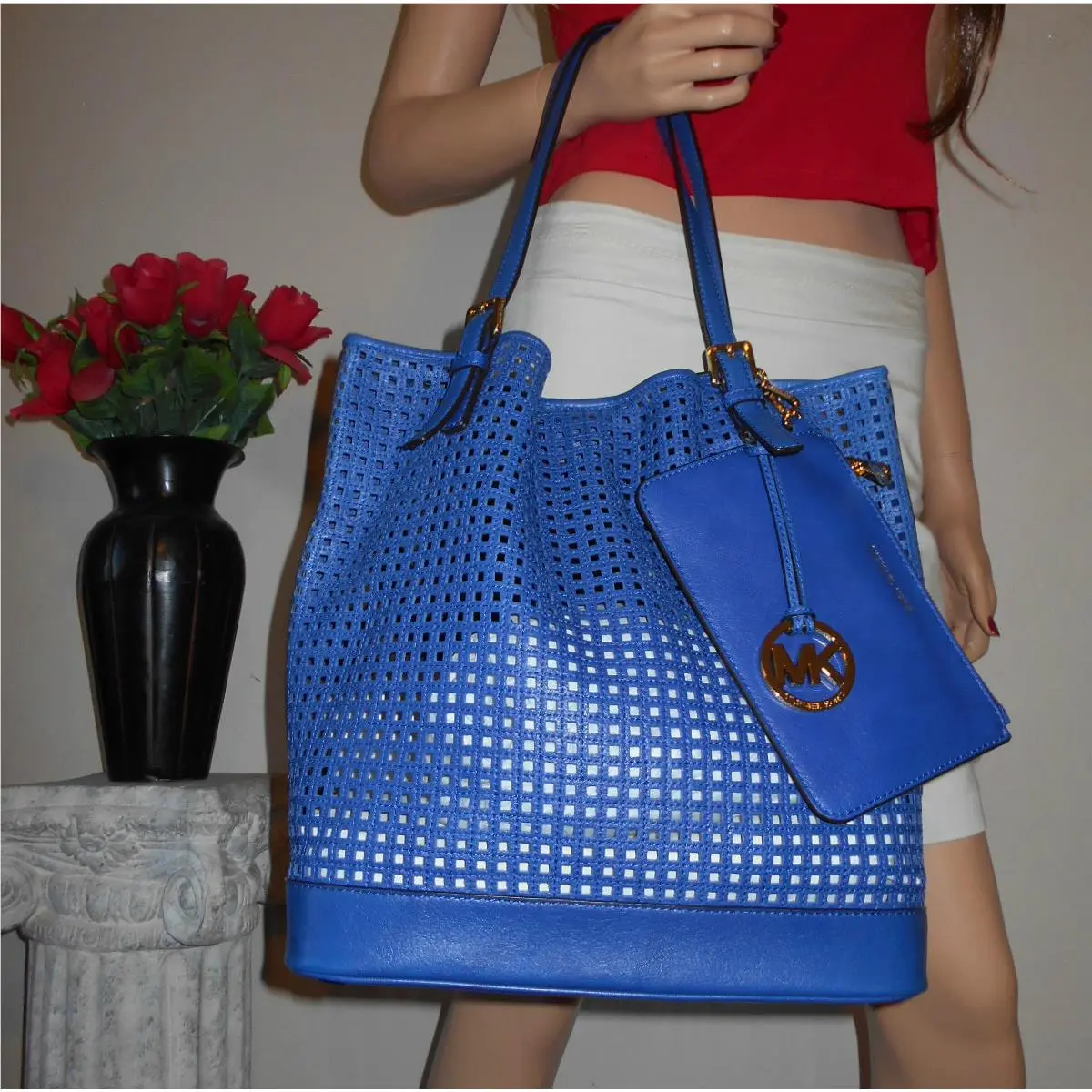 Michael Kors MK Perforate Leather Key Fob Hobo Bag Tote Wallet Pouch Purse