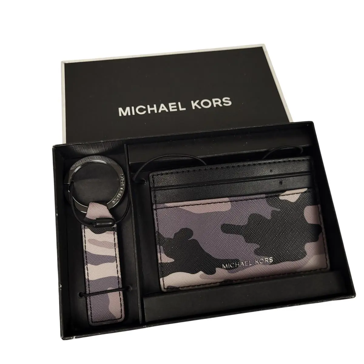 Camo Card Wallet Keychain Gift Set Gray Black Boxed Fathers Day by Michael Kors