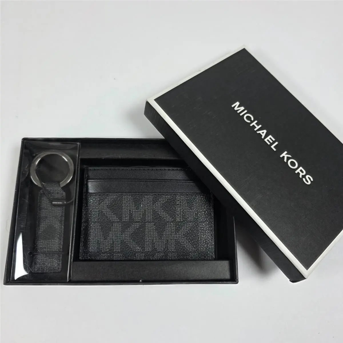 Michael Kors Black Noir Monogram Card Case Key Ring Set Gift Set