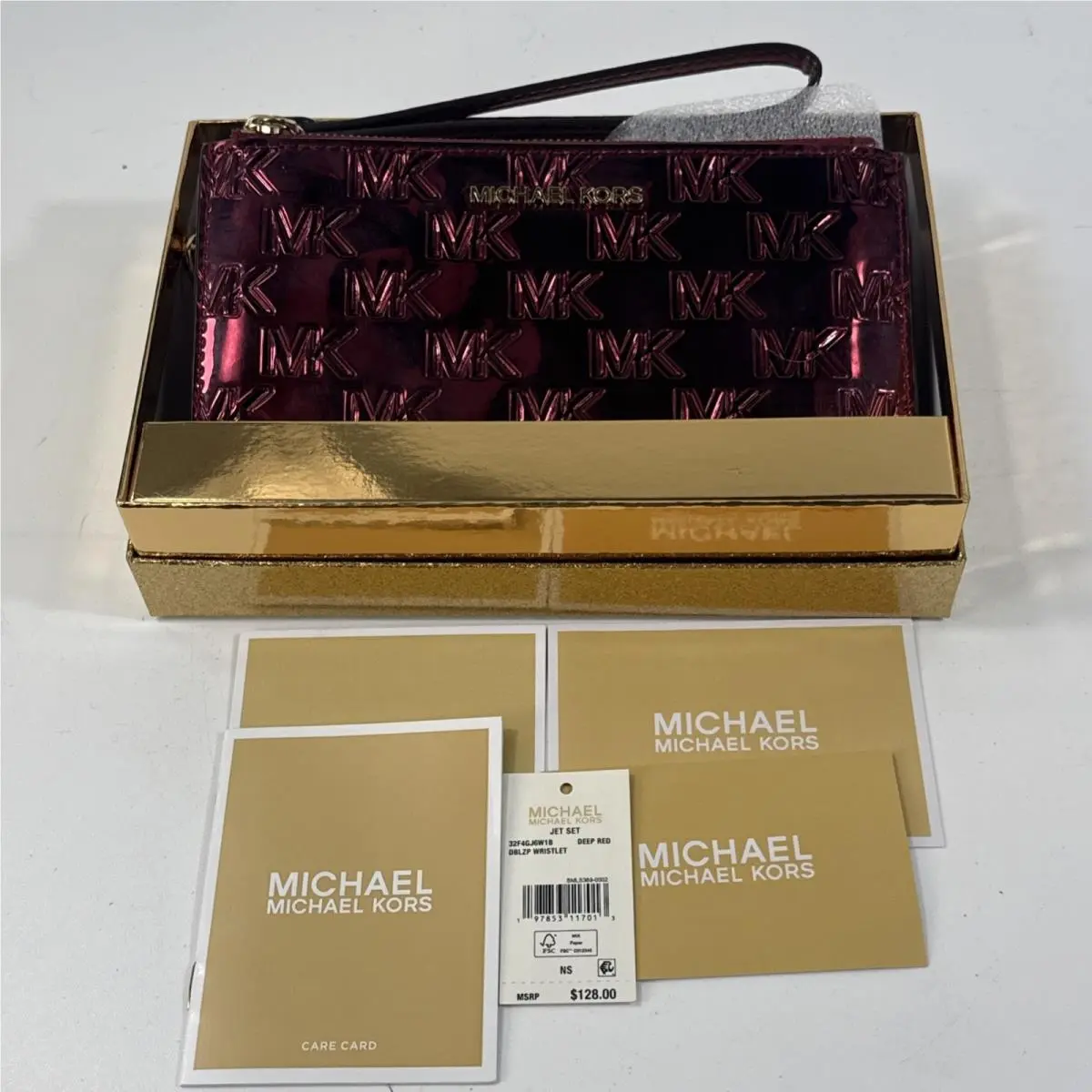 Michael Kors Burgundy Wristlet Wallet MK Logo Zip w/ Wrist Strap Credit Card
