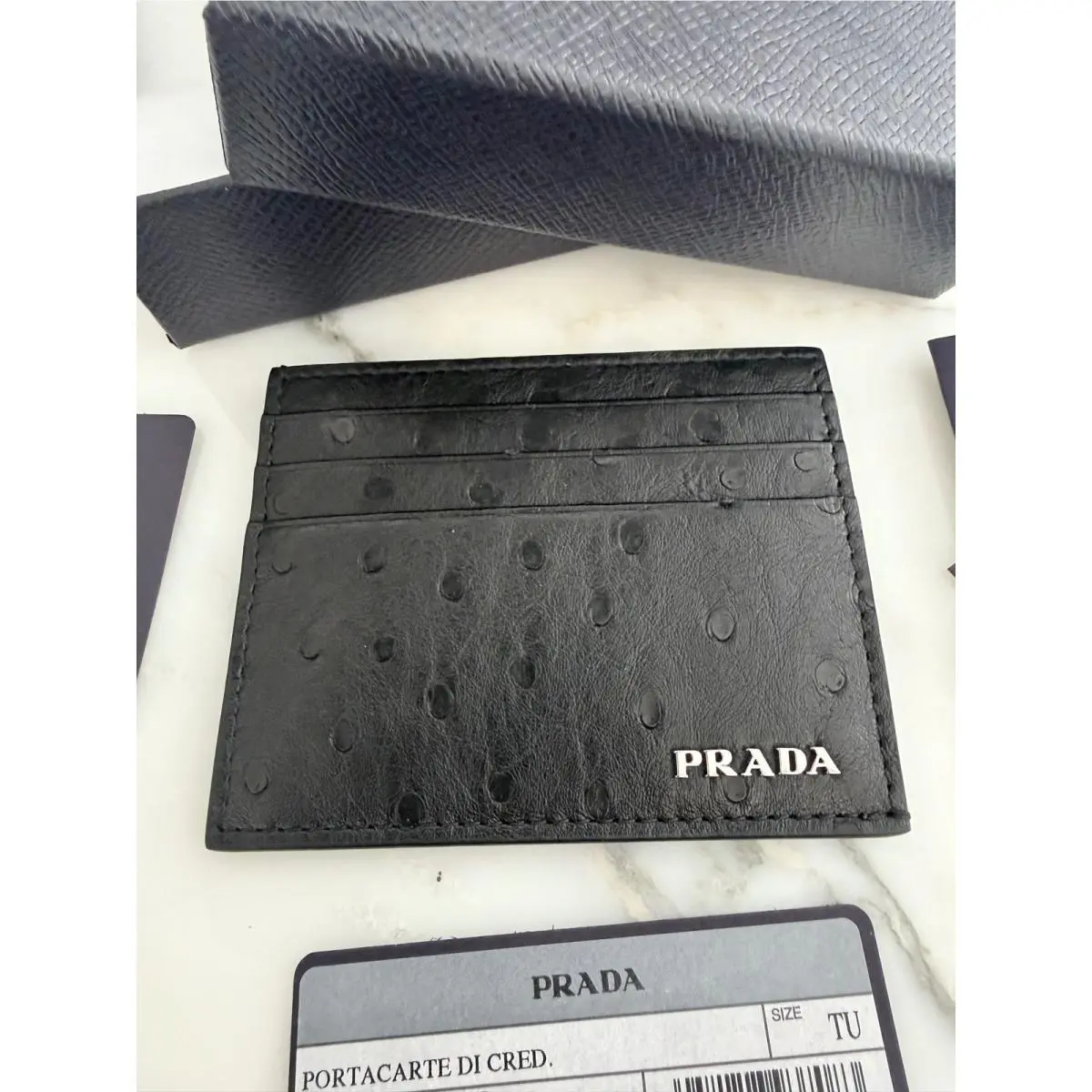 Prada Nero Black Ostrich Leather Card Holder Wallet 2MC223 Struzzo Italy