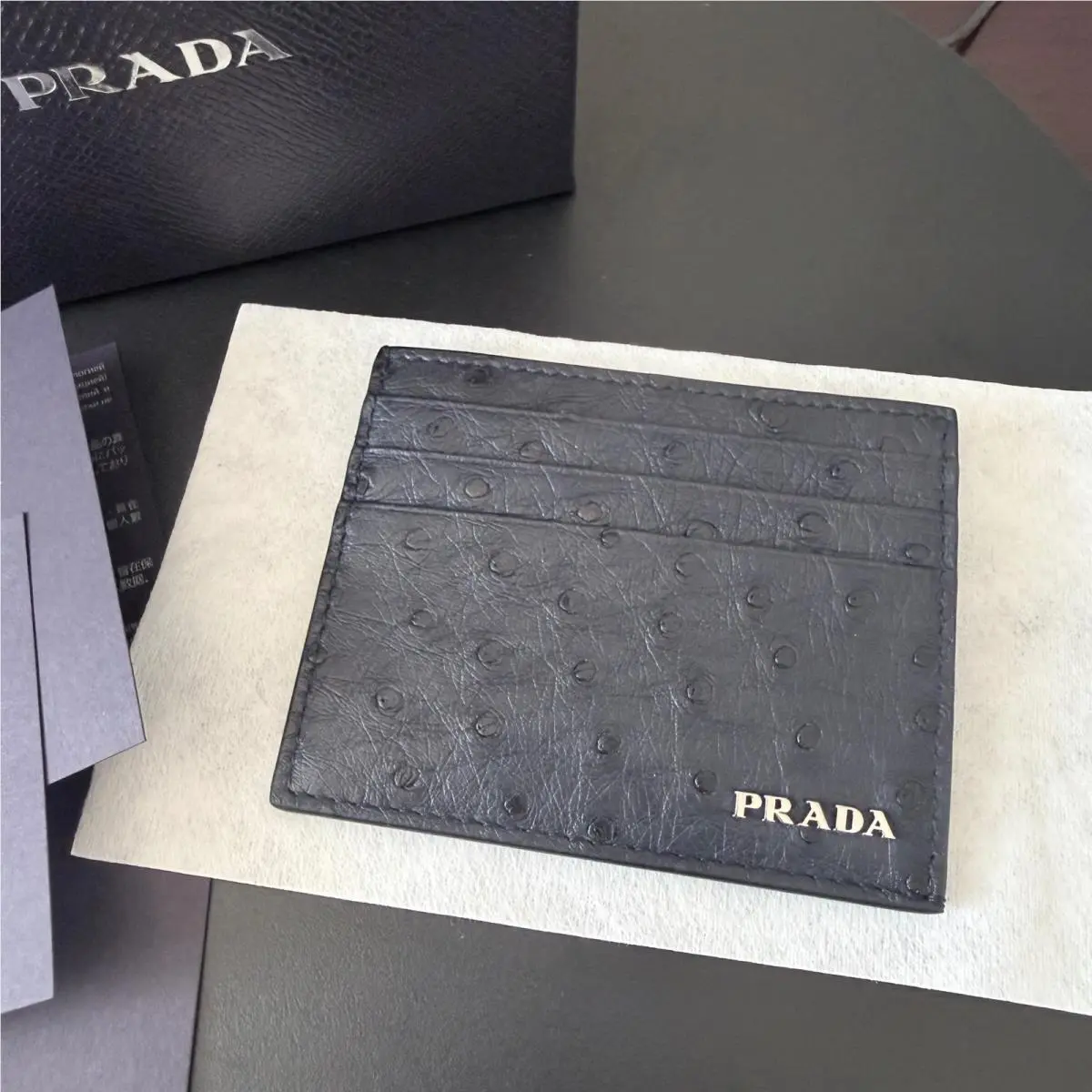 Prada Nero Dark Blue Ostrich Leather Card Holder Wallet 2MC223 Struzzo Italy