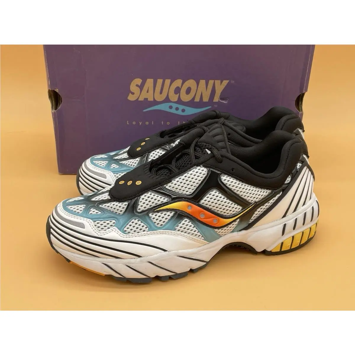 Size 8 Saucony Grid Web Men Retro Training Shoes White Grey Blue