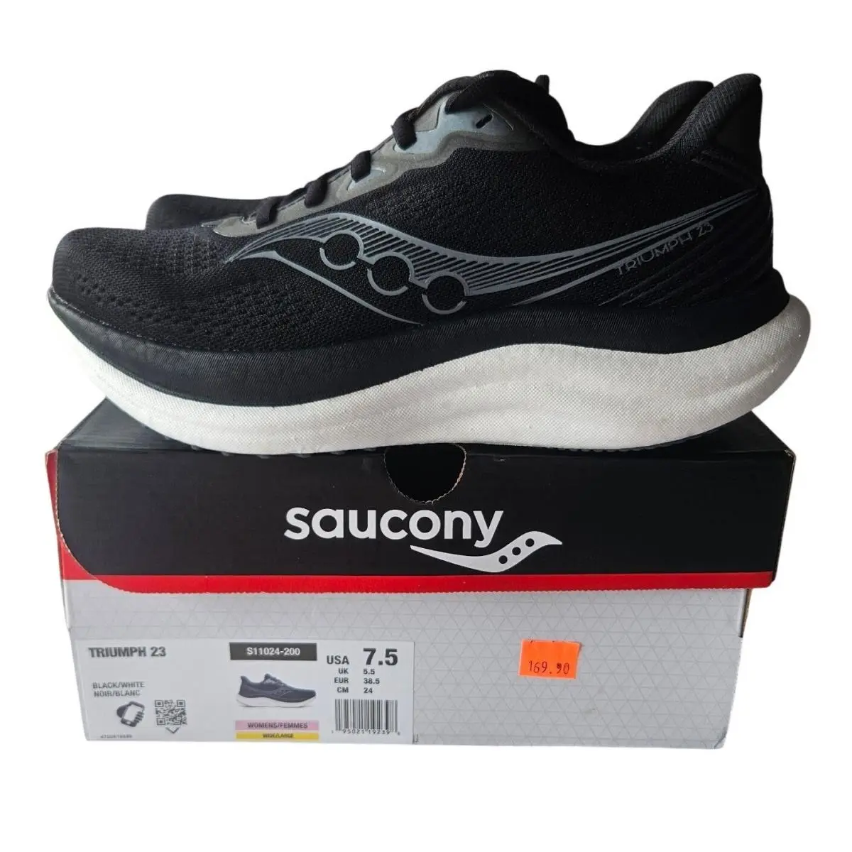Saucony Triumph 23 Womens 7.5 Wide Black White Running Shoes S11024-200 Box