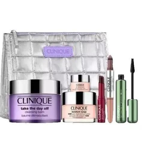Most Loved Skincare/makeup 7pc Set Silver Cosmetic Bag Value by Clinique