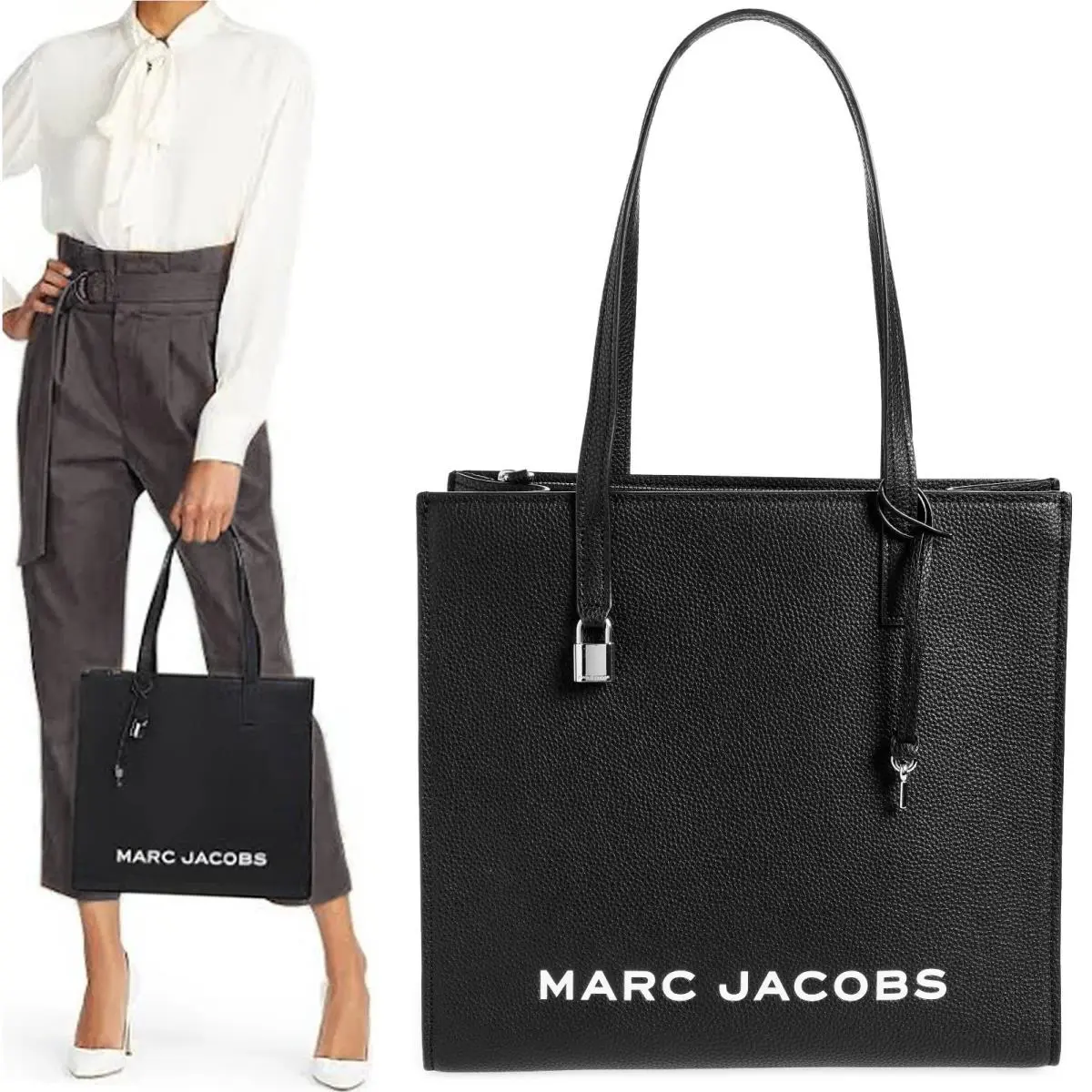 Marc Jacob Grind Leather Tote Shoulder Bag Black / White Logo