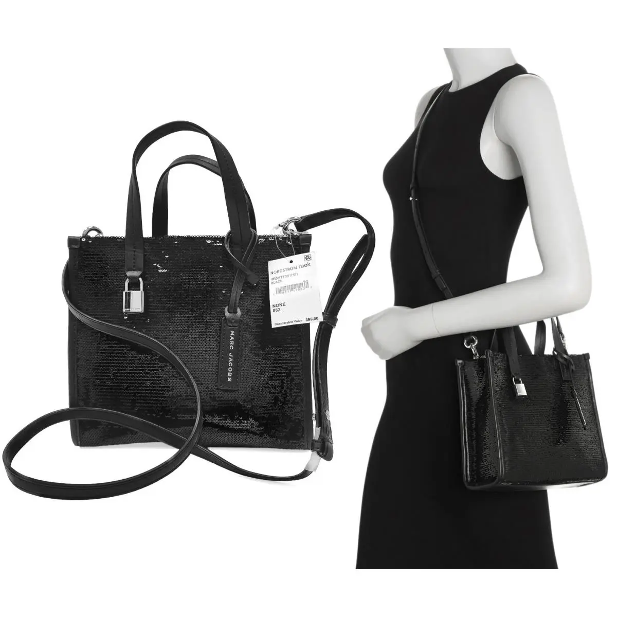 Marc Jacobs Women`s Mini Grind Sequin Tote Crossbody Shoulder Bag Purse Black