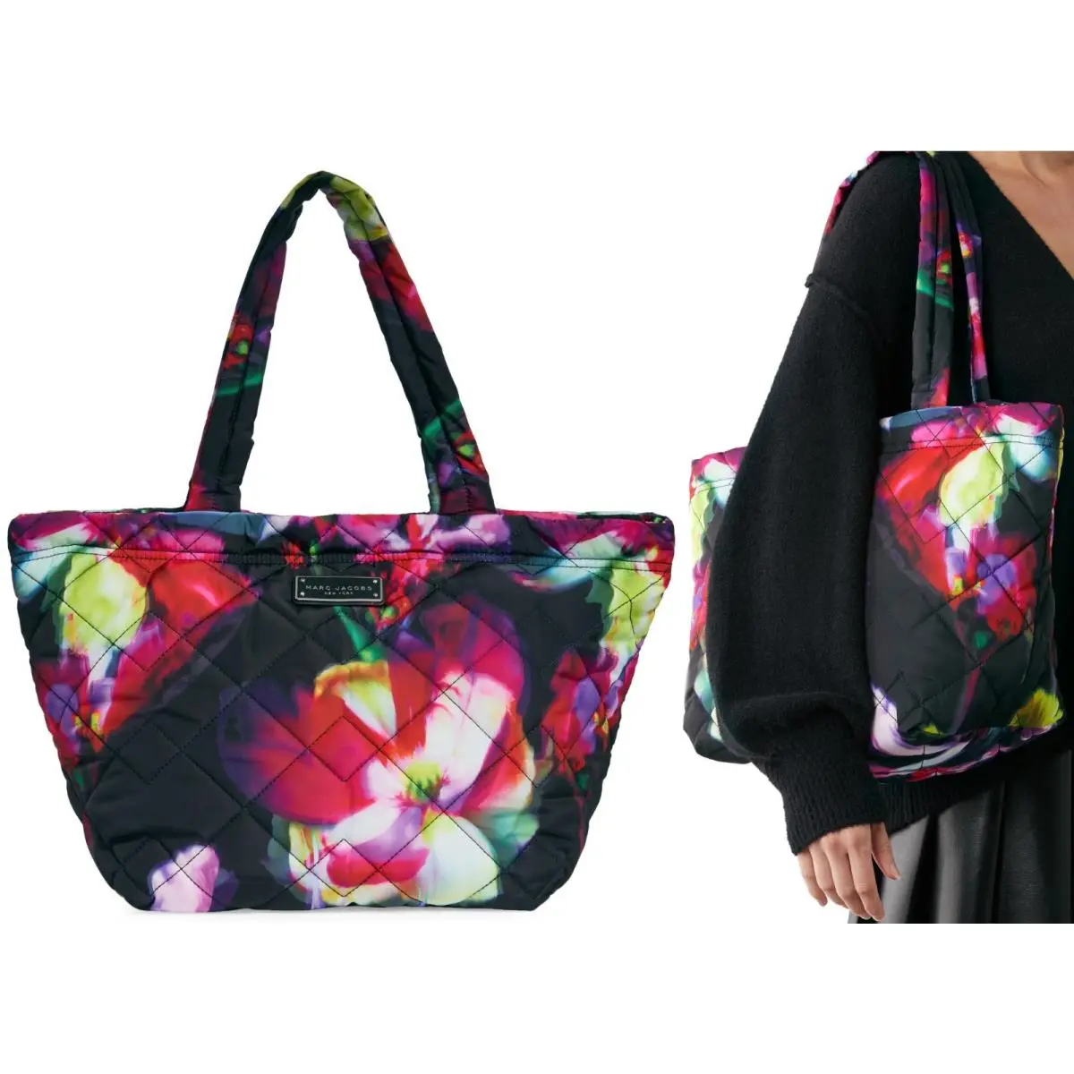 Marc Jacobs Women`s Floral Print Quilted Tote Shopper Shoulder Bag Black Multi