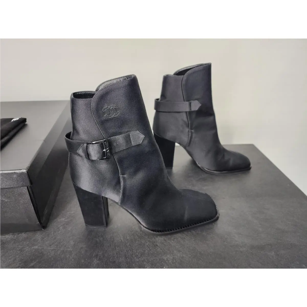 98A Black Satin CC Ankle Boots Booties 37.5 w/ Box Dust Bags by Chanel