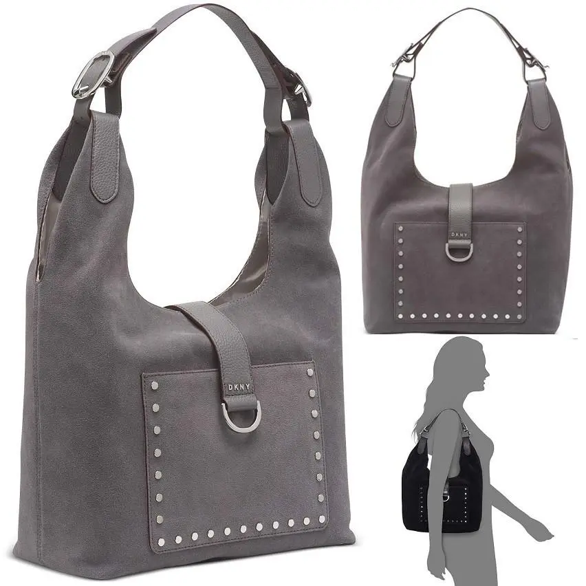 Dkny Wayne Suede Hobo Silver Studded Shoulder Bag Light Charcoal Grey